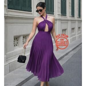 ZARA Purple Halter Pleated Midi Dress NWT Gold Buckle Cutout, Size L, XL
